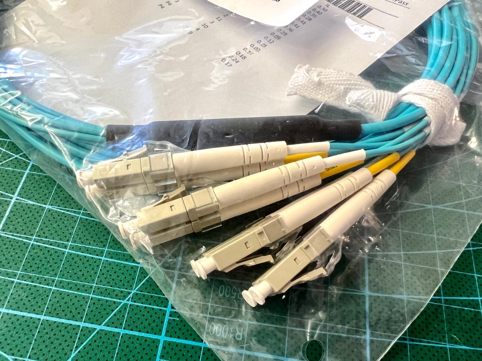 MOLEX QSFP MPO/MTP 8F to 4x LC Fiber Optic Breakout Cable, Multimode OM3 Aqua