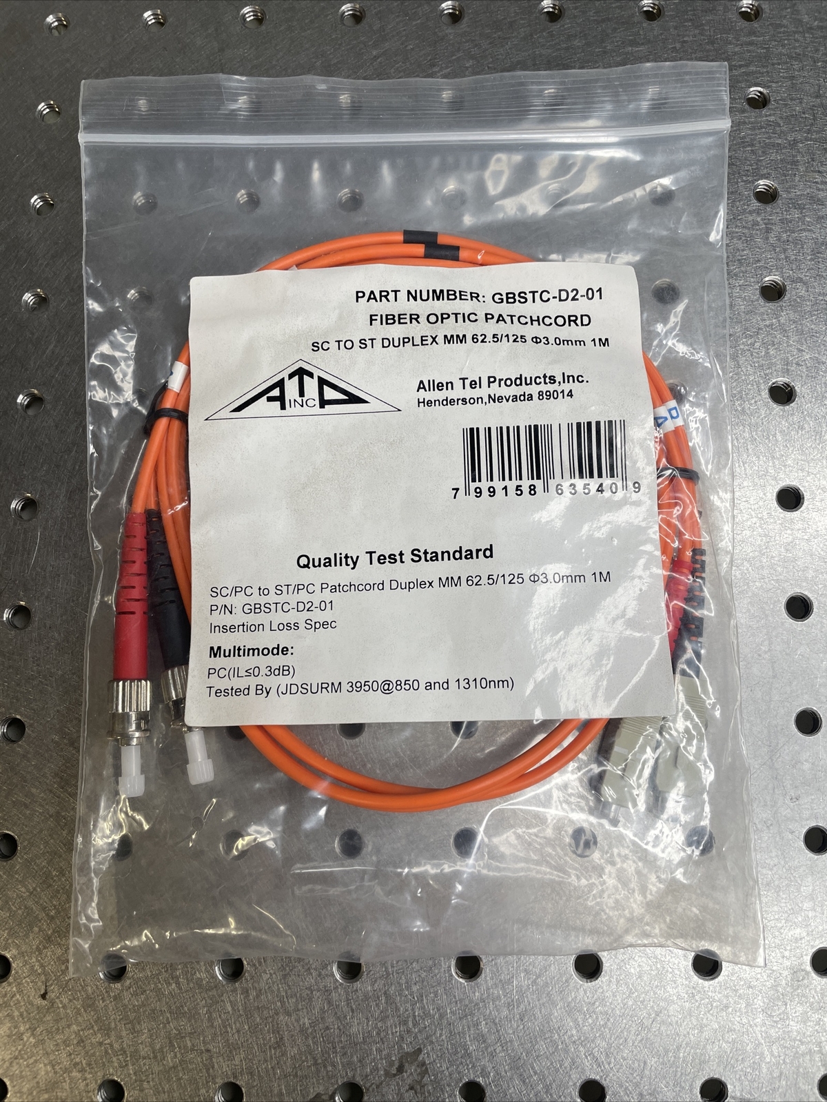 Allen Tel GBSTC-D2-01 Fiber Optic Patch Cord, Multimode OM1 Duplex ST to SC, 1 M