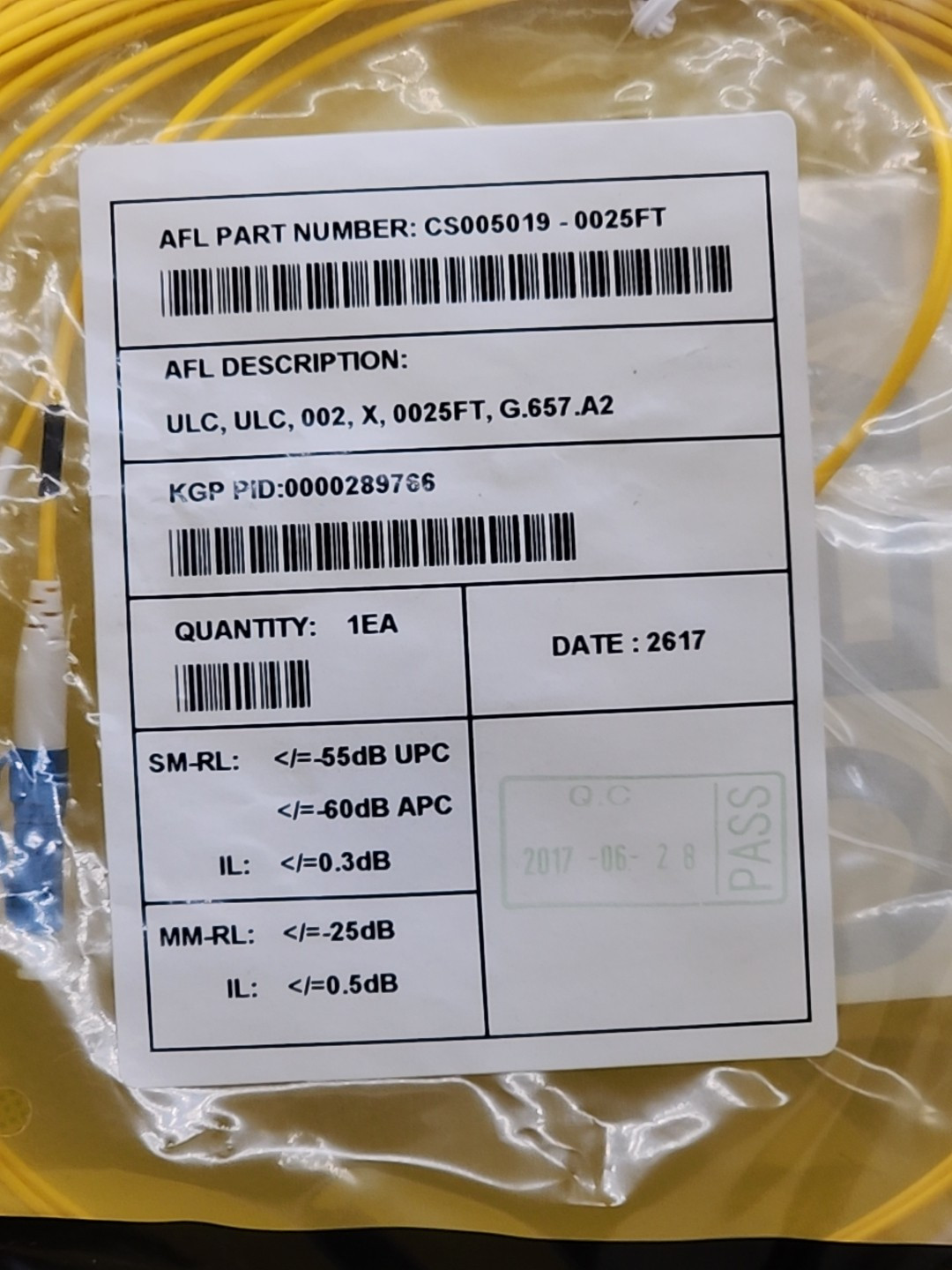 LOT OF 2 – AFL 25FT CS005019-0025FT FIBER OPTIC CABLE [RB6]