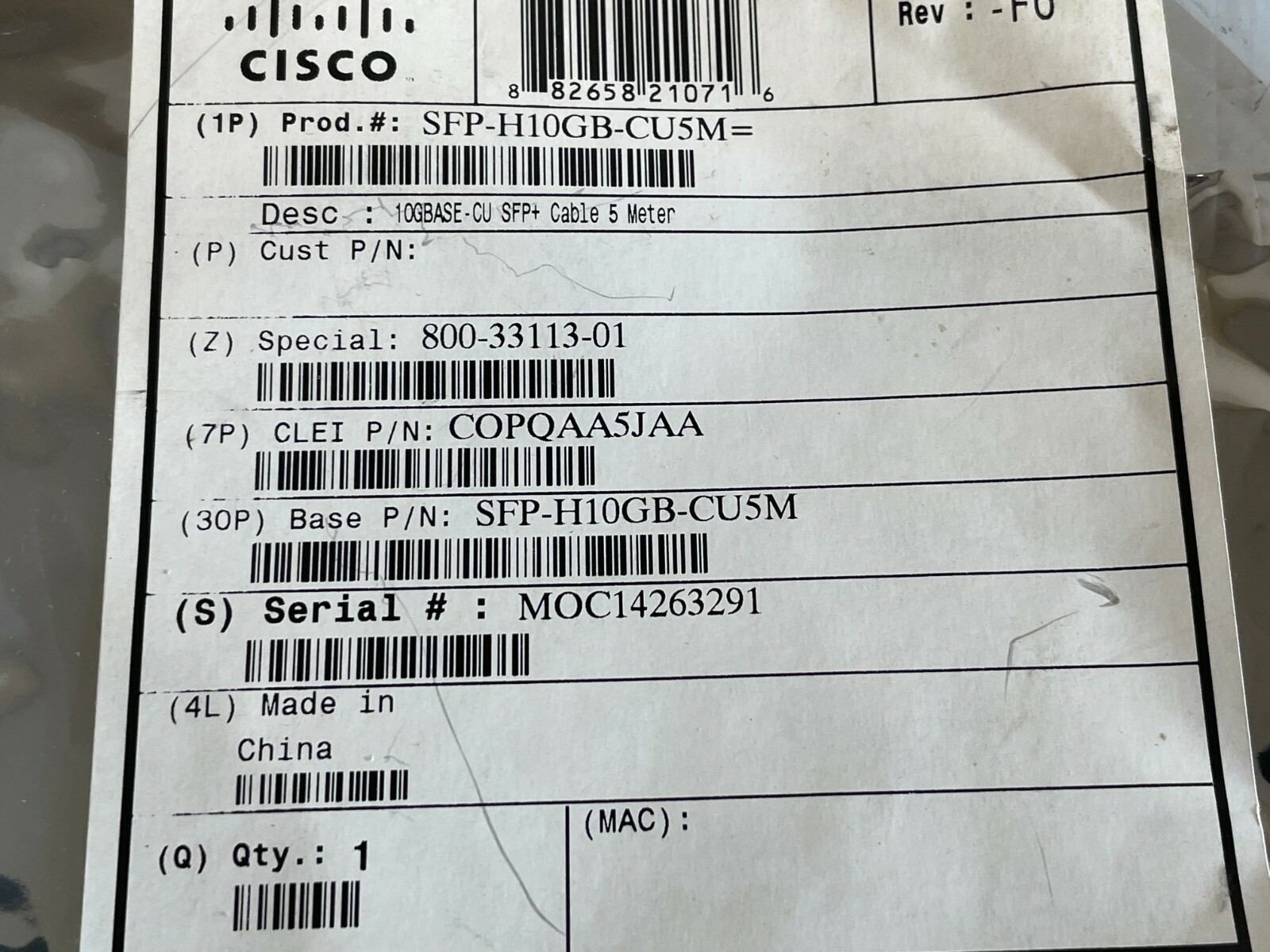 PP5: Lot of 2 Cisco SFP-H10GB-CU5M= – 10GBASE-CU SFP+ 5 METER CABLE