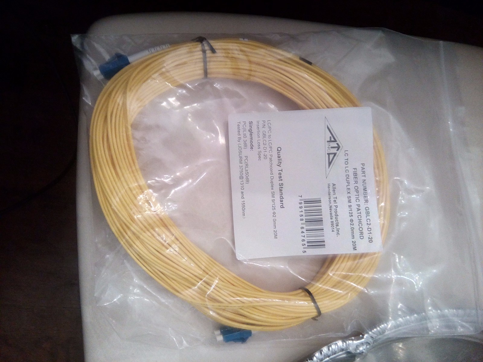 ALLEN TEL GBLC2-D1-20 Fiber Optic Patch Cord CL to CL DUPLEX SM 9/125 20M