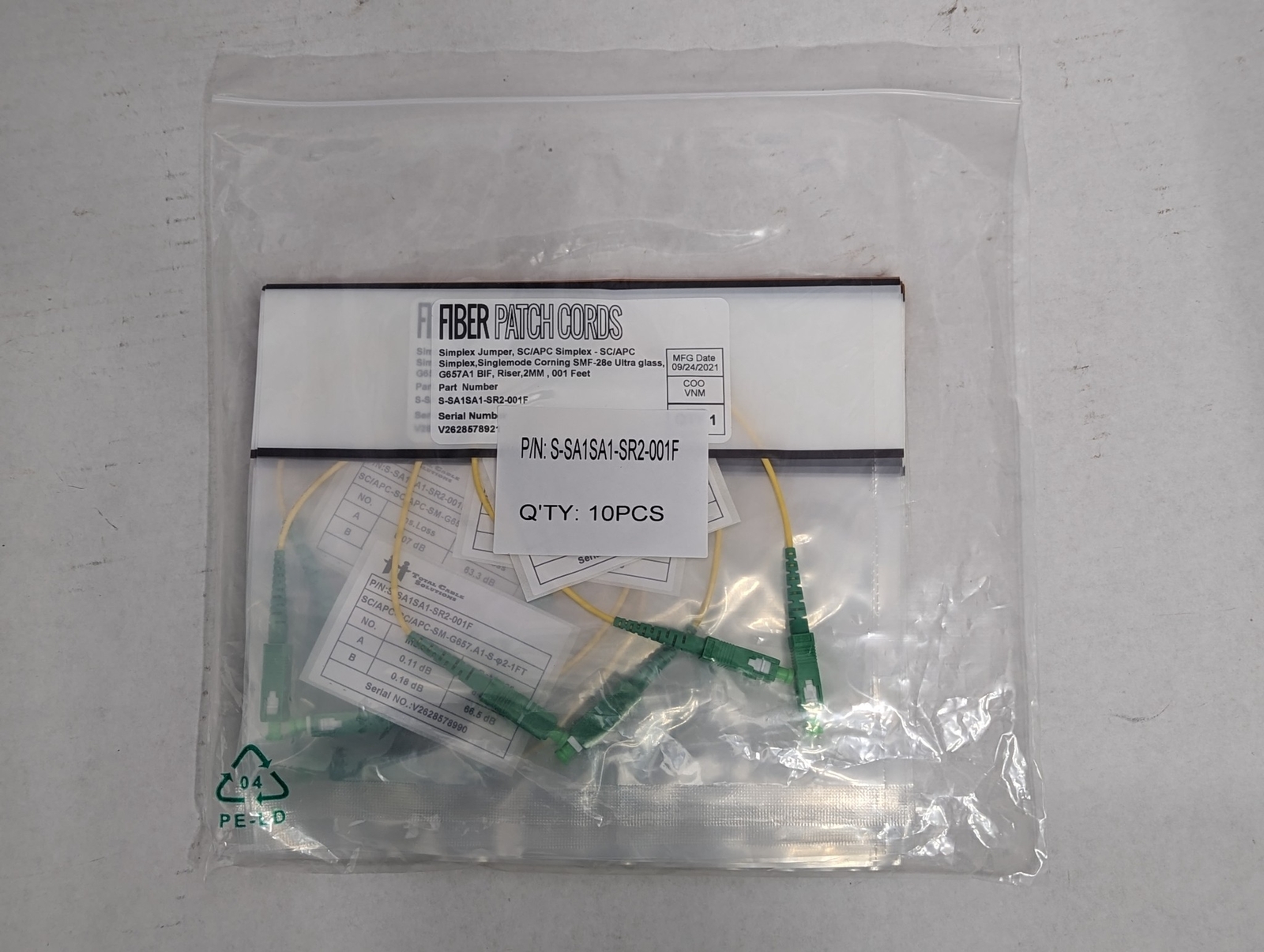 Lot of 10 Fiber Optic Jumper SC/APC to SC/APC Single Mode OS2 1FT Corning Glass