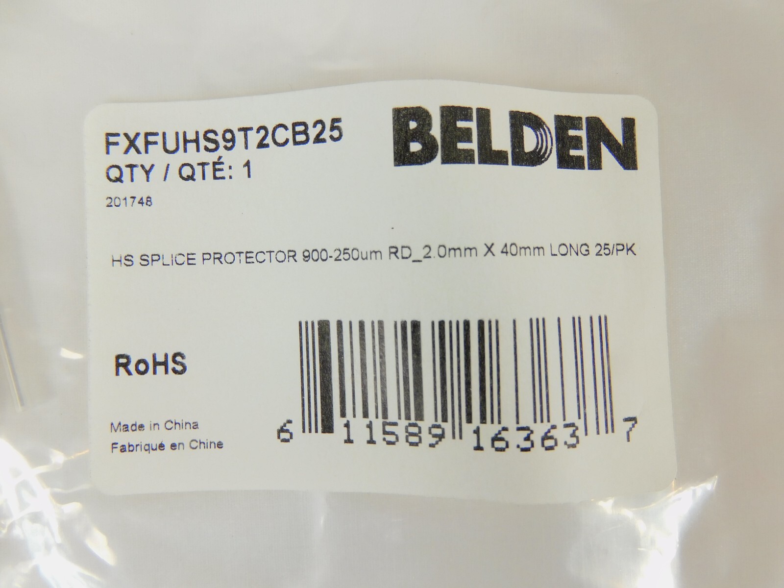 Heat Shrink Splice Protector 900 UM to 250 UM 2.0 mm. round x 40 mm Long Belden