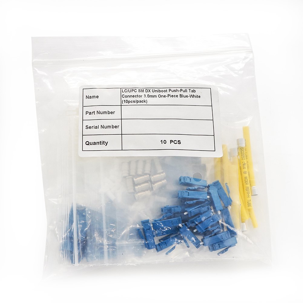 10 Pcs LC/UPC Single-Mode DX Uniboot Pull-Push Tab Connector 3.0mm Blue & White