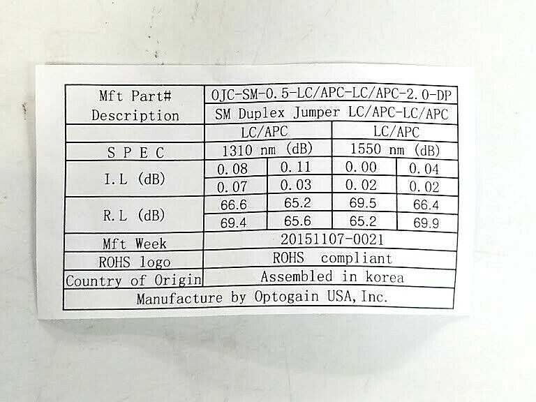 Optogain SM Dplx Jmpr,2.0mm, 0.5m; LC/APC-LC/APC; Part #0JC-SM-0.5-LC/APC-LC-DP