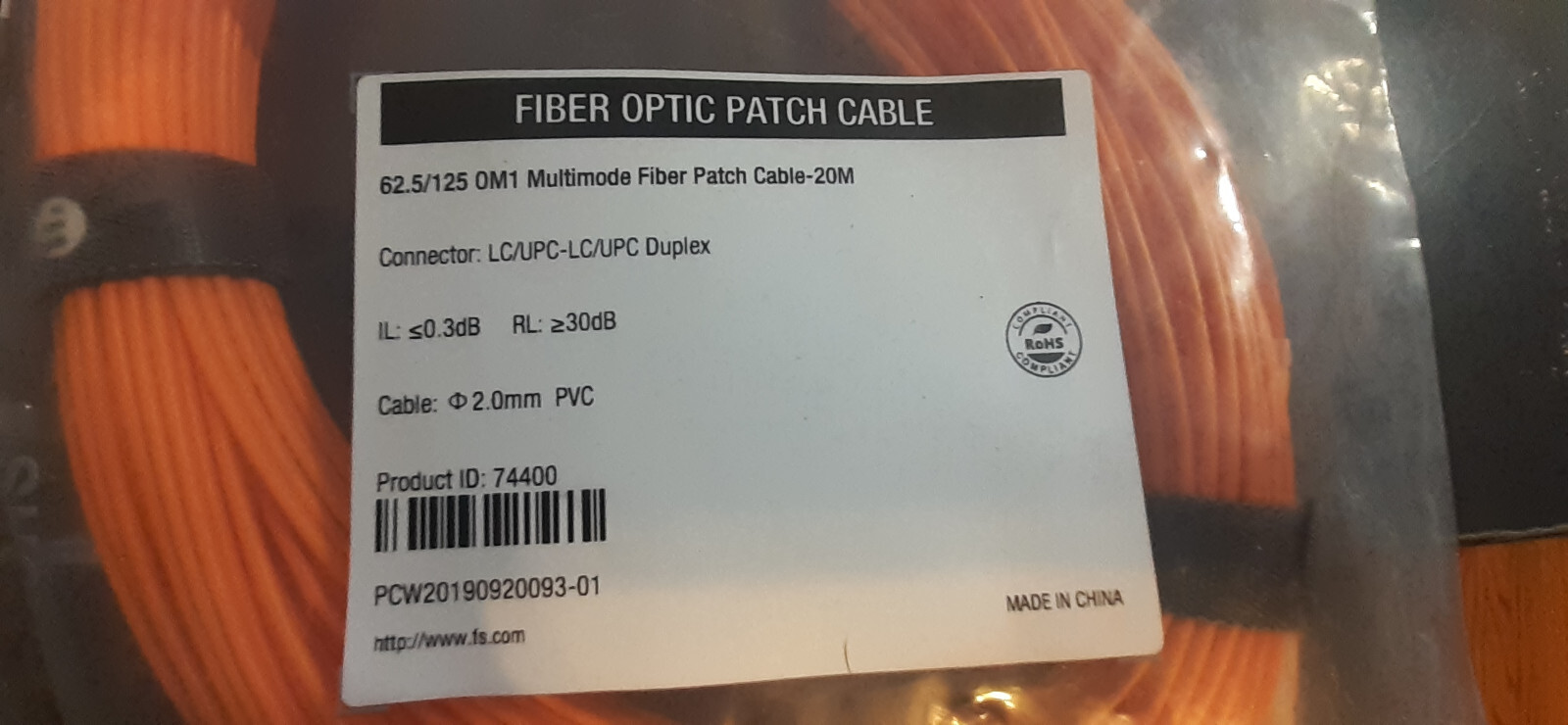 FS.com 20m LC UPC to LC UPC Duplex 2.0mm PVC OM1 MM Fiber Optic Patch Cable