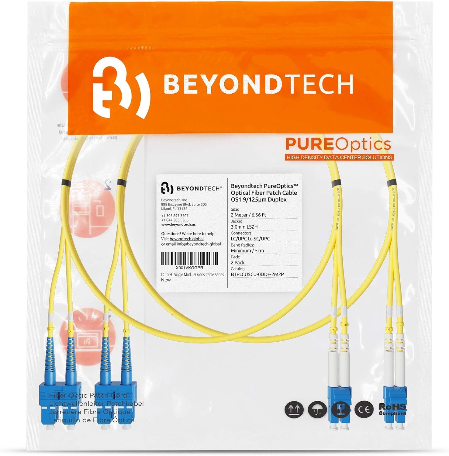 2m 6.56ft LC to SC Fiber Patch Cable – 2 Pack UPC Single-Mode Duplex Fiber Optic