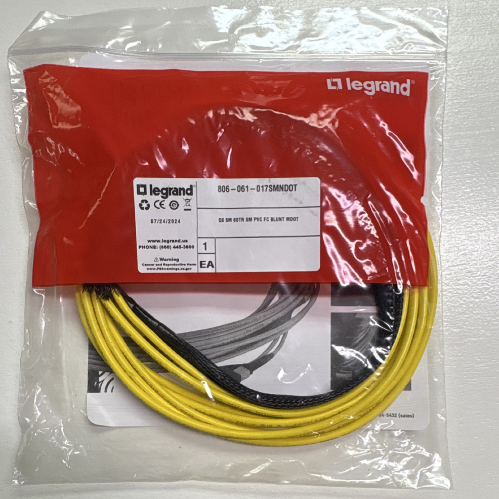 Legrand 5m Single-Mode FC to Blunt Optical Network Cable Yellow/Black PVC