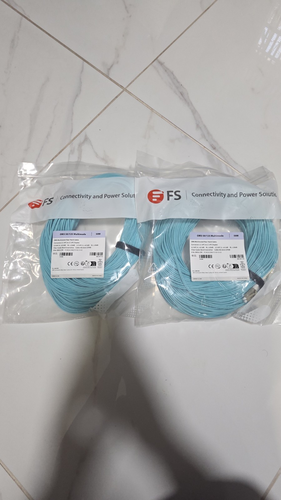 QTY 2 of FS.com OM3 50/125 Multimode Fiber Patch Cable – 50M Length – Brand New