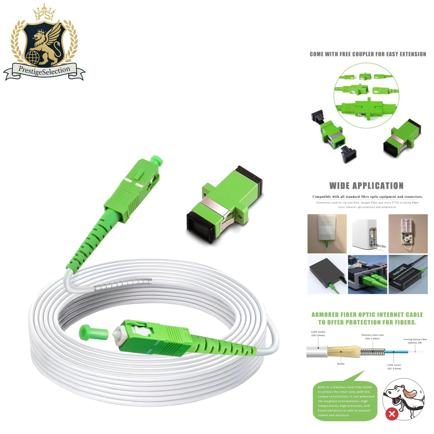 50ft Armored SC/APC to SC/APC Fiber Optic Cable – 10Gbps – Indoor/Outdoor