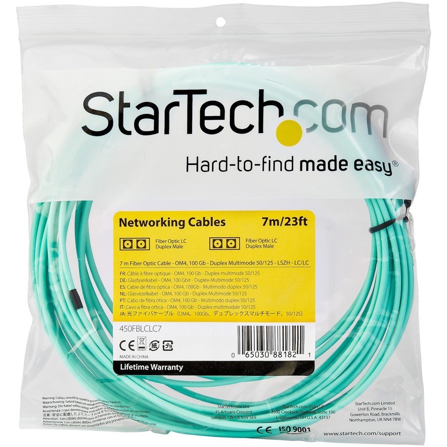 StarTech 450FBLCLC7 7m OM4 LC to LC Fiber Optic Cable Aqua