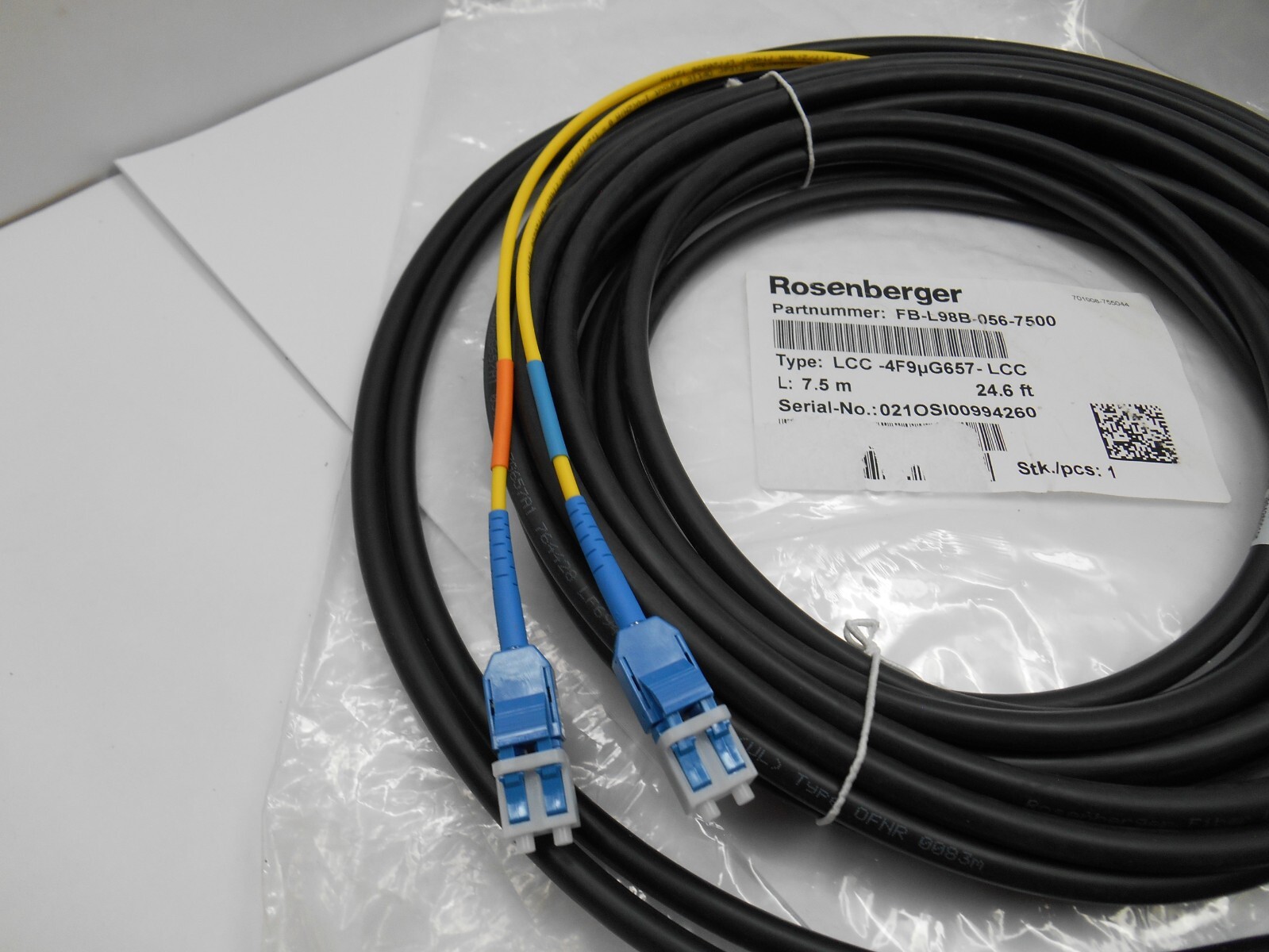 Rosenberger FB-L98B-056-7500, Fiber Jumper Cable 7.5 M 24.6′ FT LLC-2F9μG657-LCC