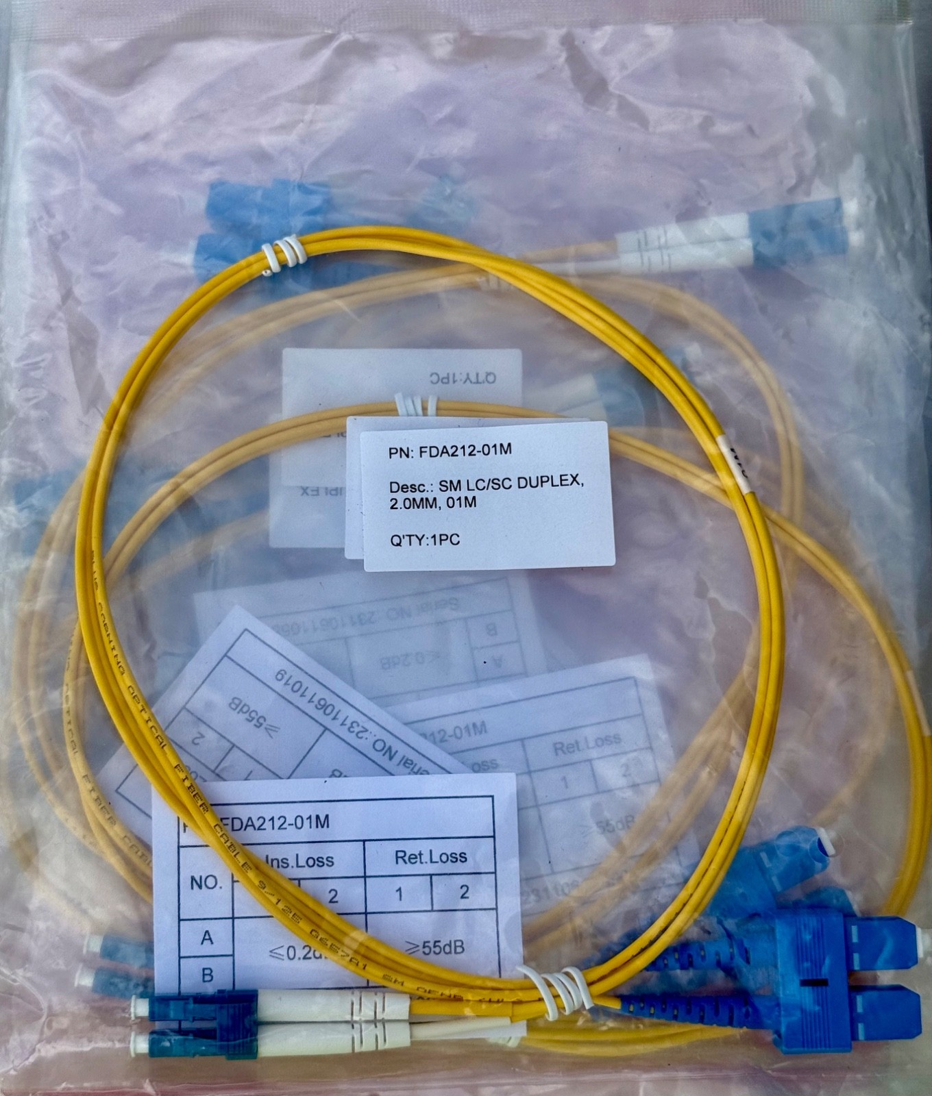 LC/SC SM Duplex 2.0mm Fiber Optic Patch Cord 1M – (Lot of 6)