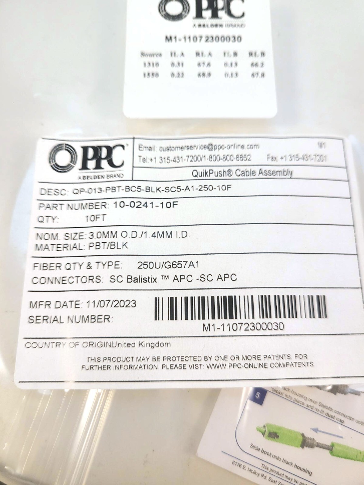 PPC 10′ Fiber QuikPush Cable Assembly 3mm SC APC Balistix Part 10-0241-10F