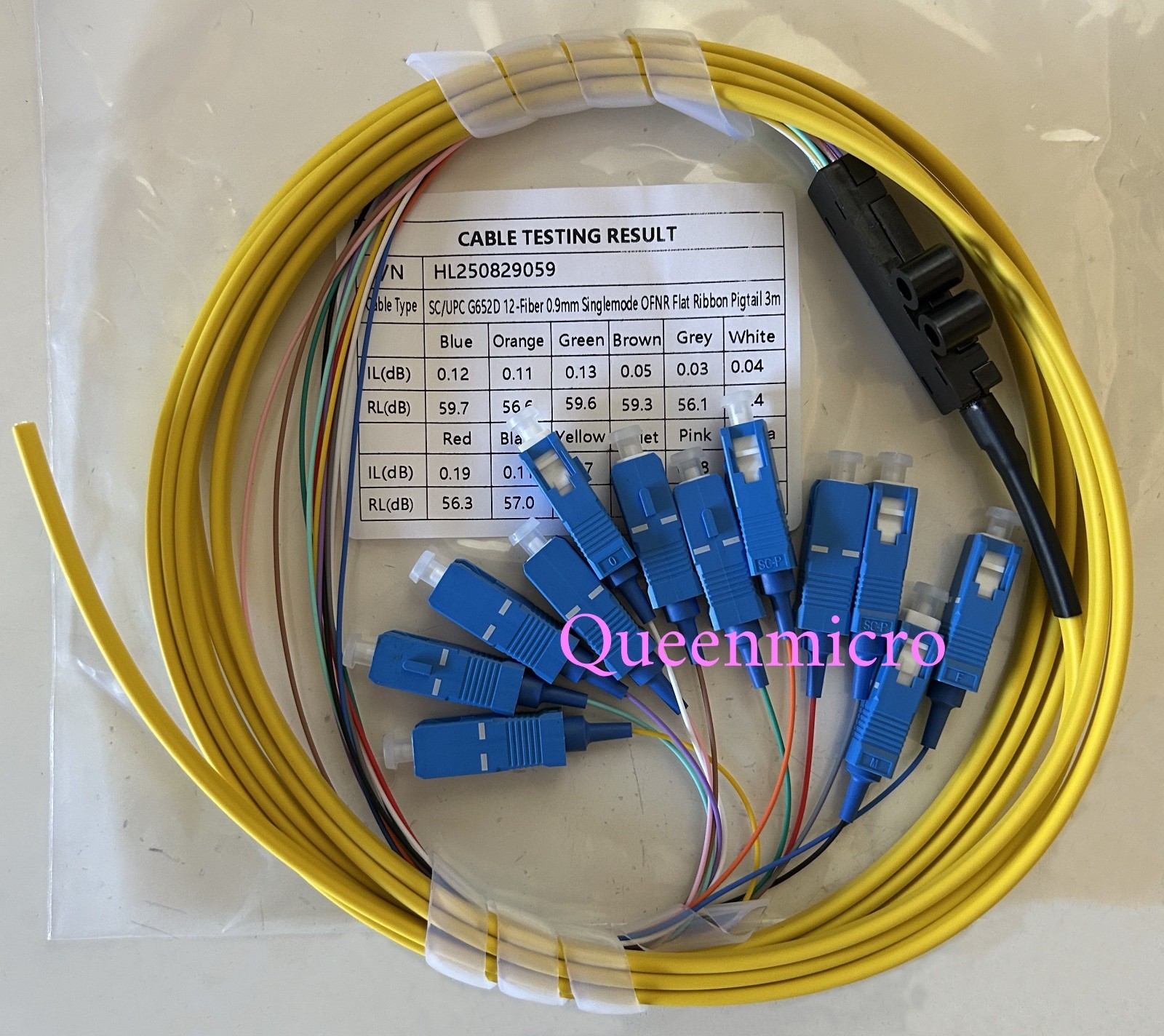 3m SC-UPC 12 Core Fiber Flat Pigtail Ribbon Fiber Optic 9/125 Single-Mode Cable