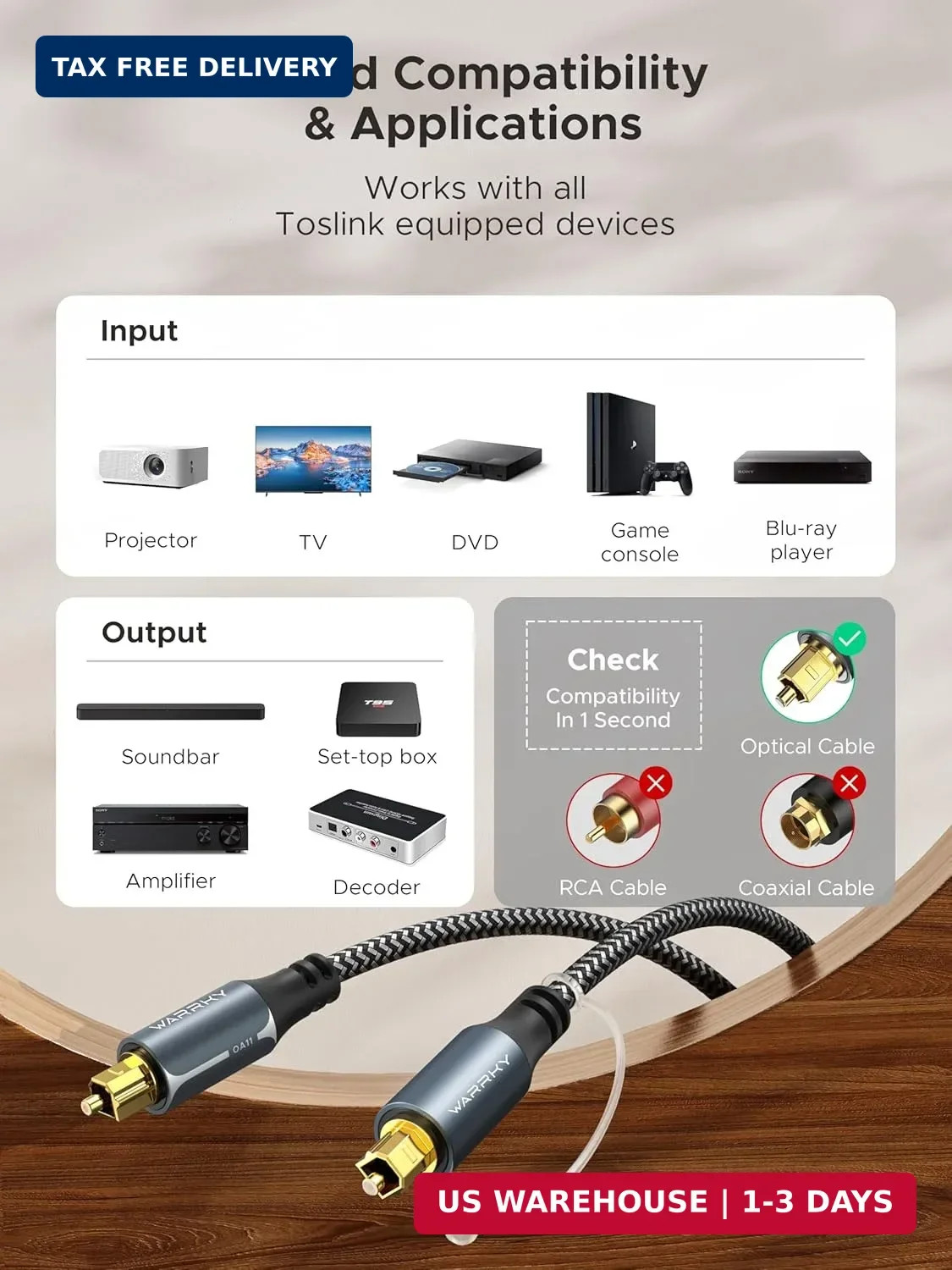 6Ft Optical Audio Cable for Soundbars, TVs, and Home Theater Systems