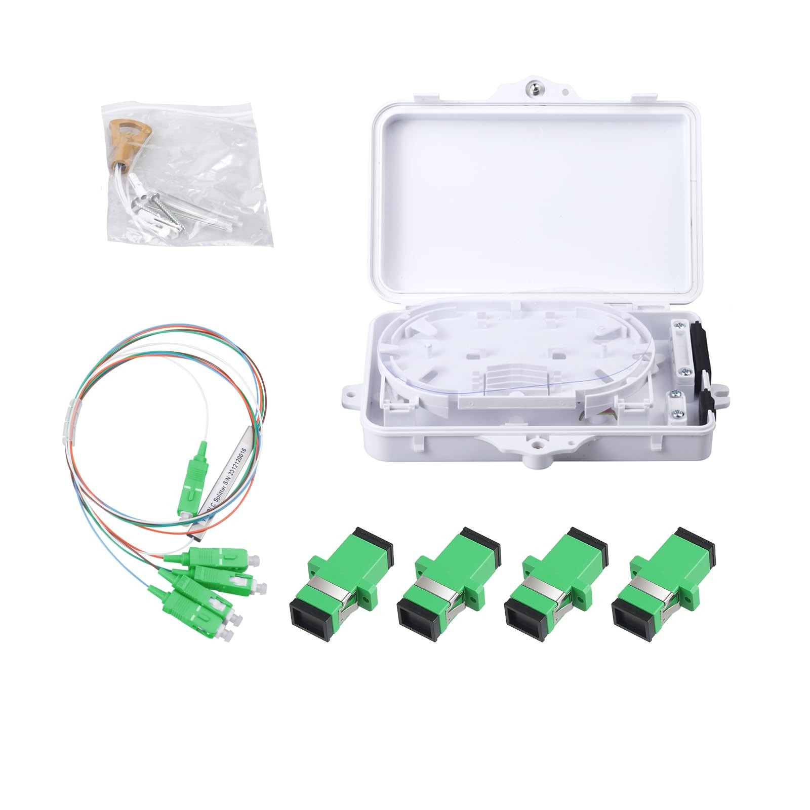4 Core Fiber Optical Terminal Box, 1pc 1 to 4 SC/APC PLC Splitter, Adapters