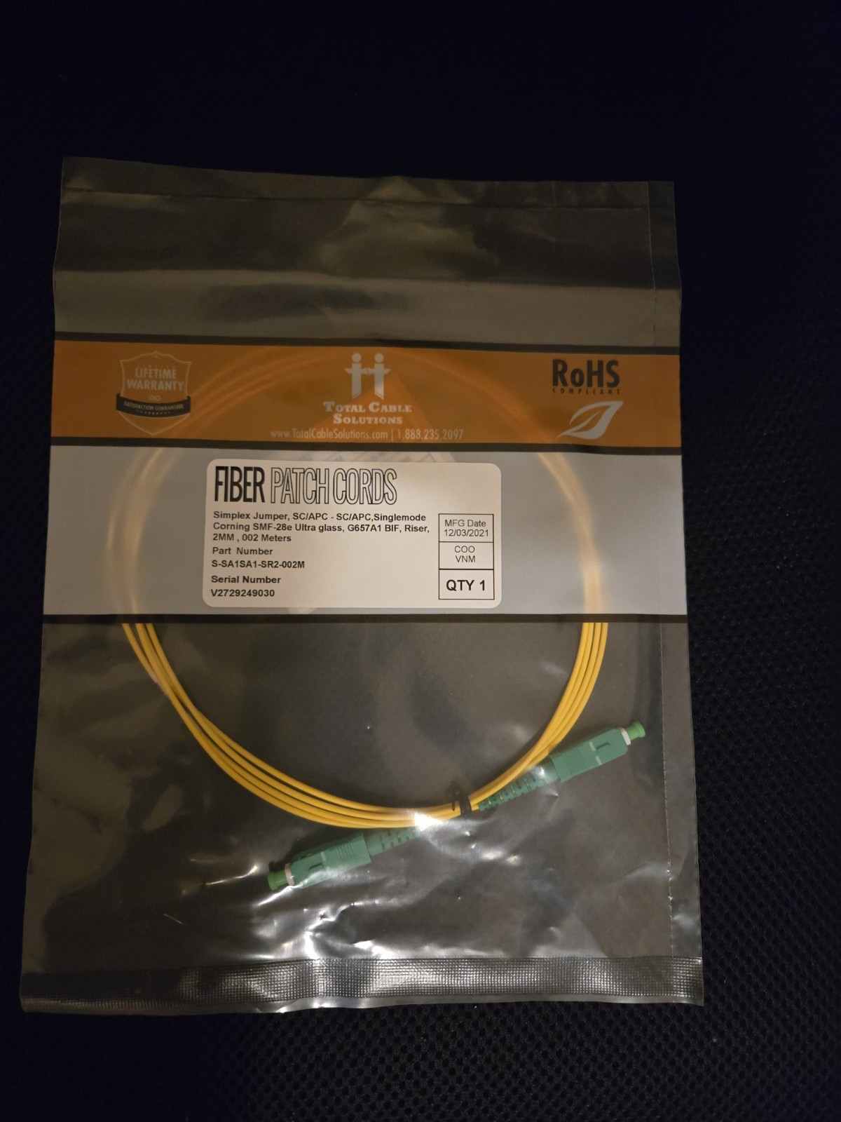 Fiber Optic Patch Cord SC/APC to SC/APC Simplex Single-Mode 6ft Paq of 10