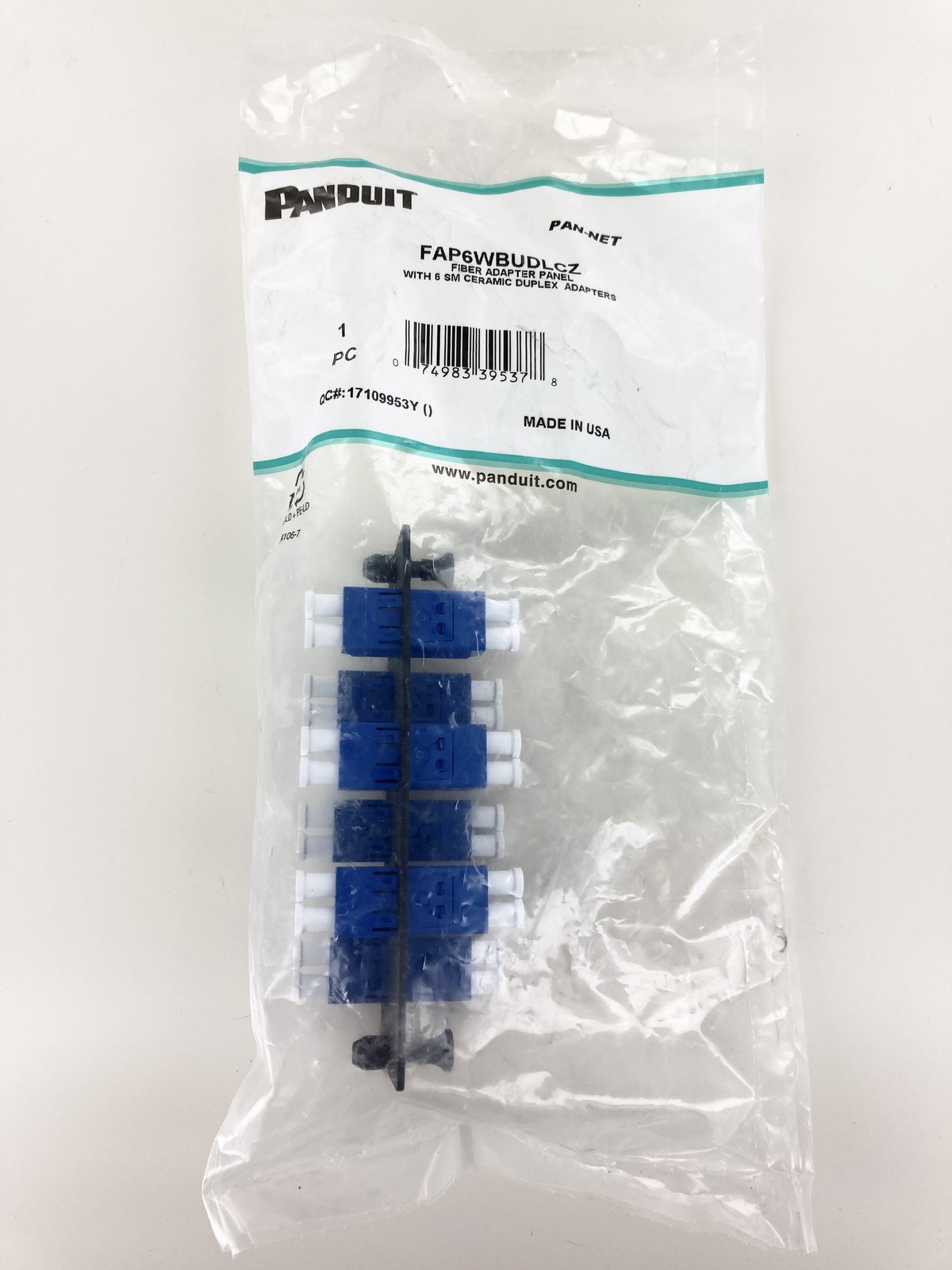 Panduit FAP6WBUDLCZ Fiber Panel 6 LC Duplex Adapters SM OS1/OS2 Ceramic, Blue