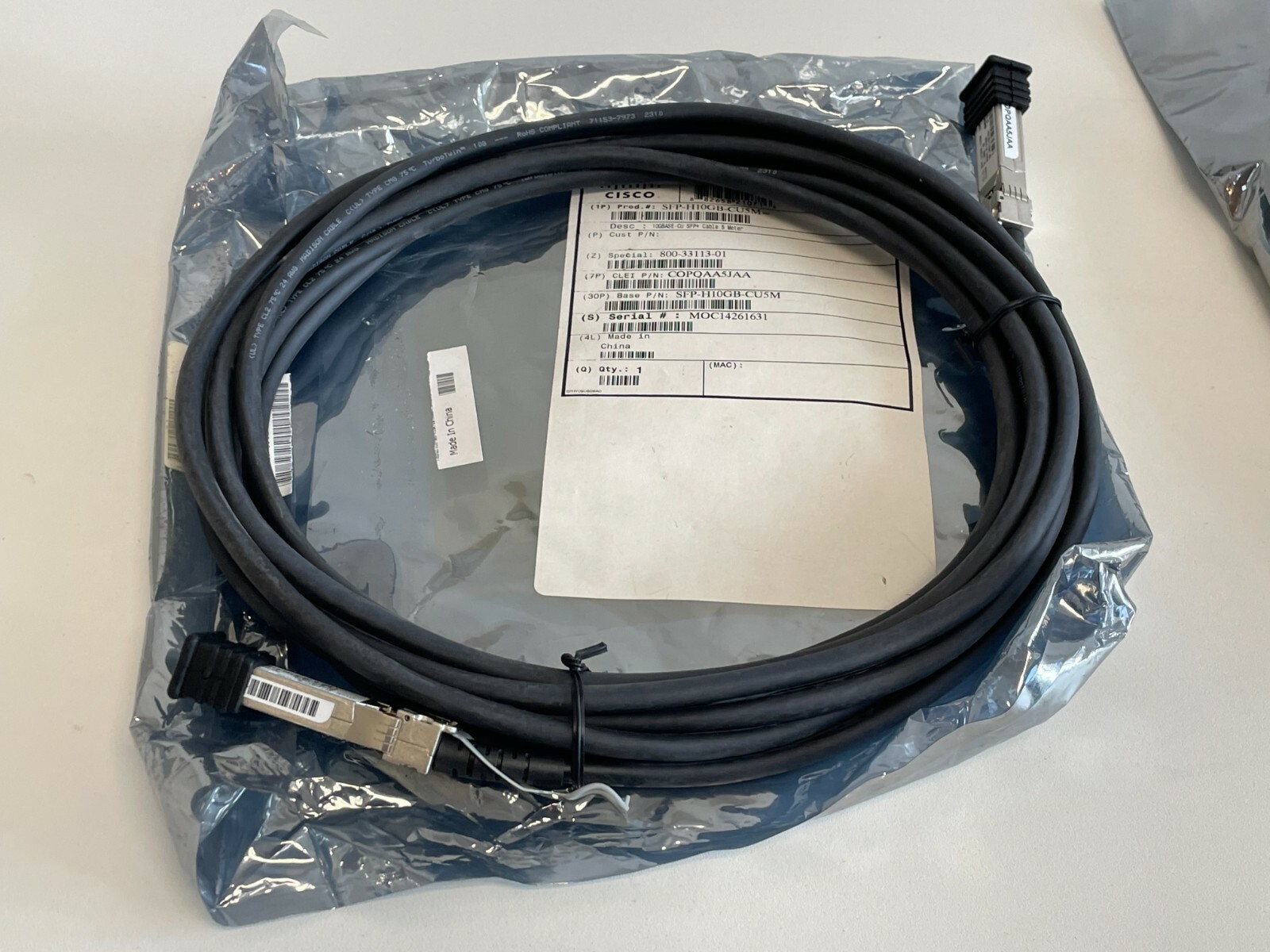 PP5: Lot of 2 Cisco SFP-H10GB-CU5M= – 10GBASE-CU SFP+ 5 METER CABLE