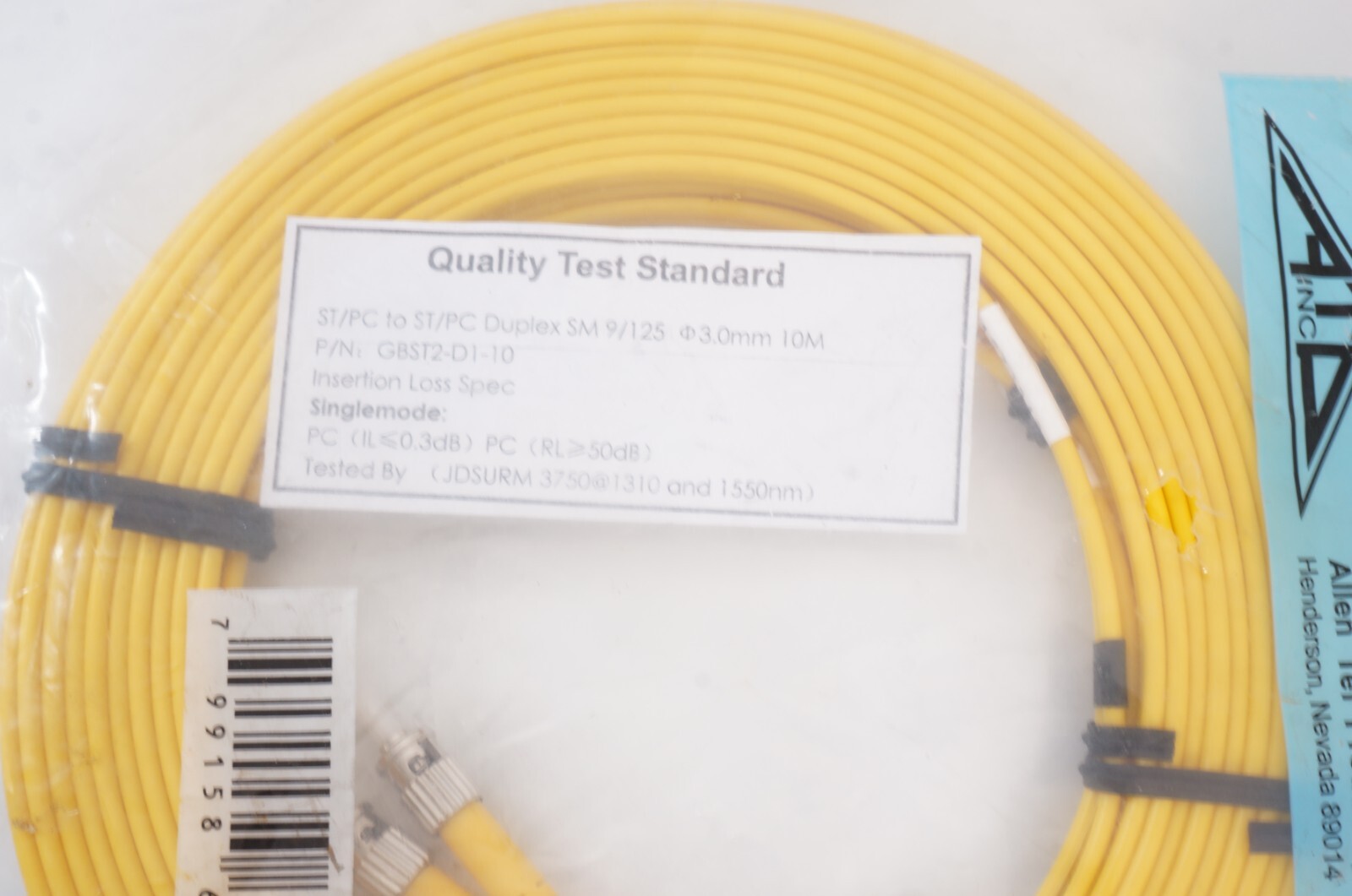 Allen Tel GBST2-D1-10 Duplex ST to ST Fiber Optic Patch Cord, Singlemode, 10 M