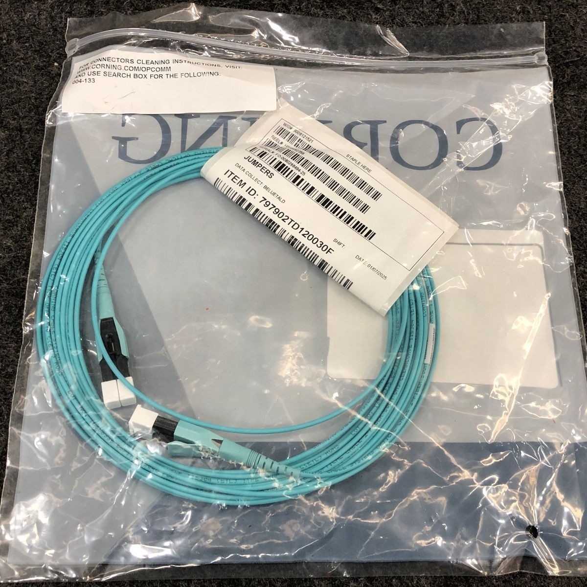 CORNING Fiber Patch Jumper Cables OM3 LC to LC Duplex Aqua Multimode, 50-Count