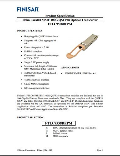 Finisar 100GBASE-SR4 100m QSFP28 Optical Transceiver FTLC9551REPM