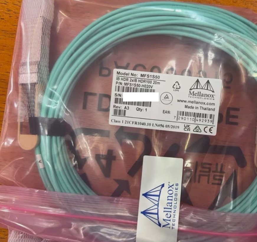 New MELLANOX MFS1S50-H020V Active Optical Cable, 200Gbps to 2x100Gbps – Sealed