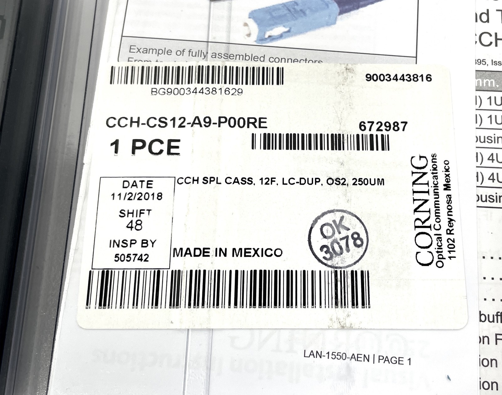 New Corning CCH-CS12-A9-P00RE CCH Pigtailed Splice Cassette 12F LC Duplex OS2