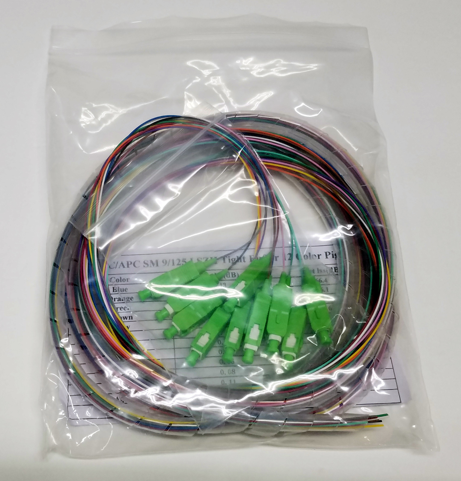 12 fiber SC/APC Singlemode 9/125 Spiral Wrapped Pigtails 3 meters