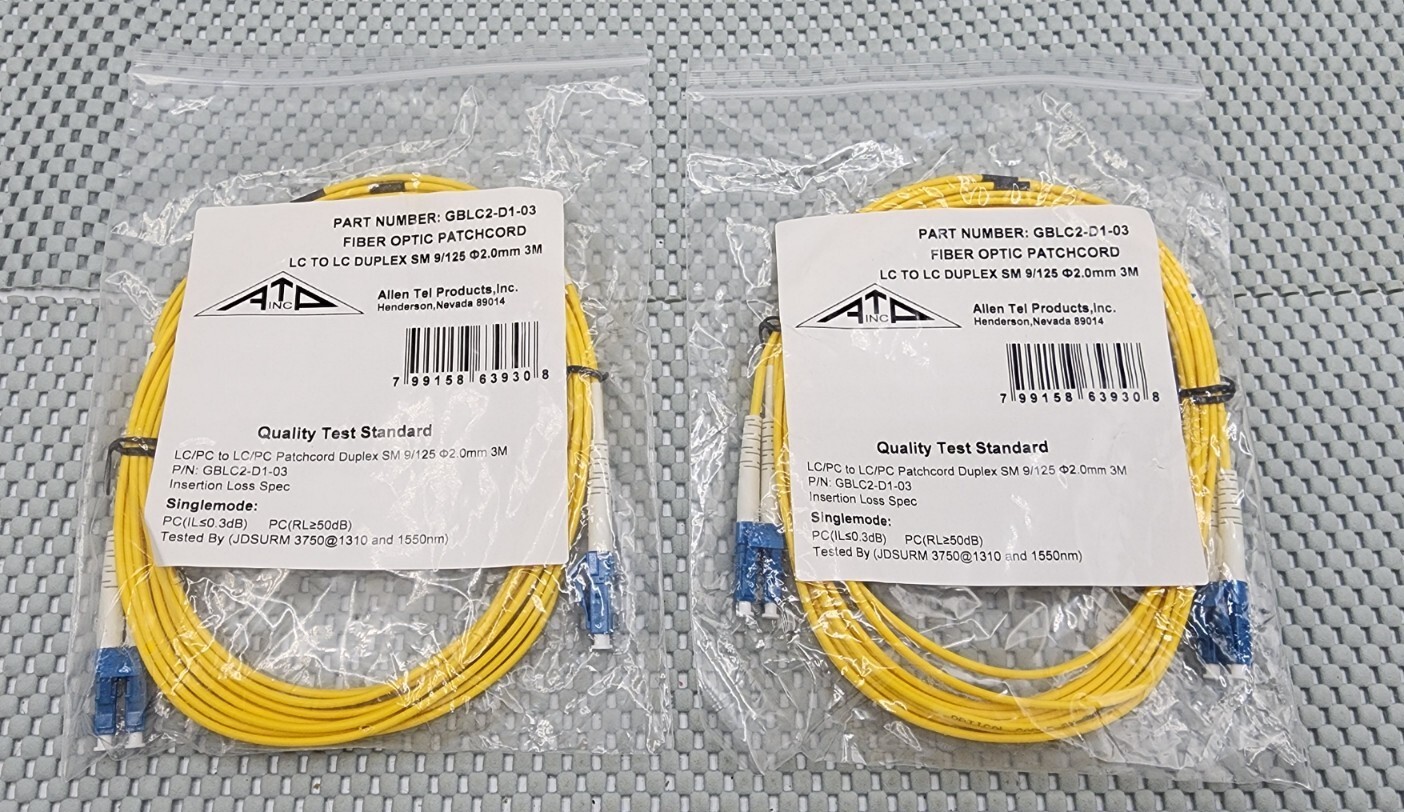 9/125 Singlemode Fiber Optic Patchcord Duplex SM 9/125 LC/PC-LC/PC 3M (LOT OF 2)