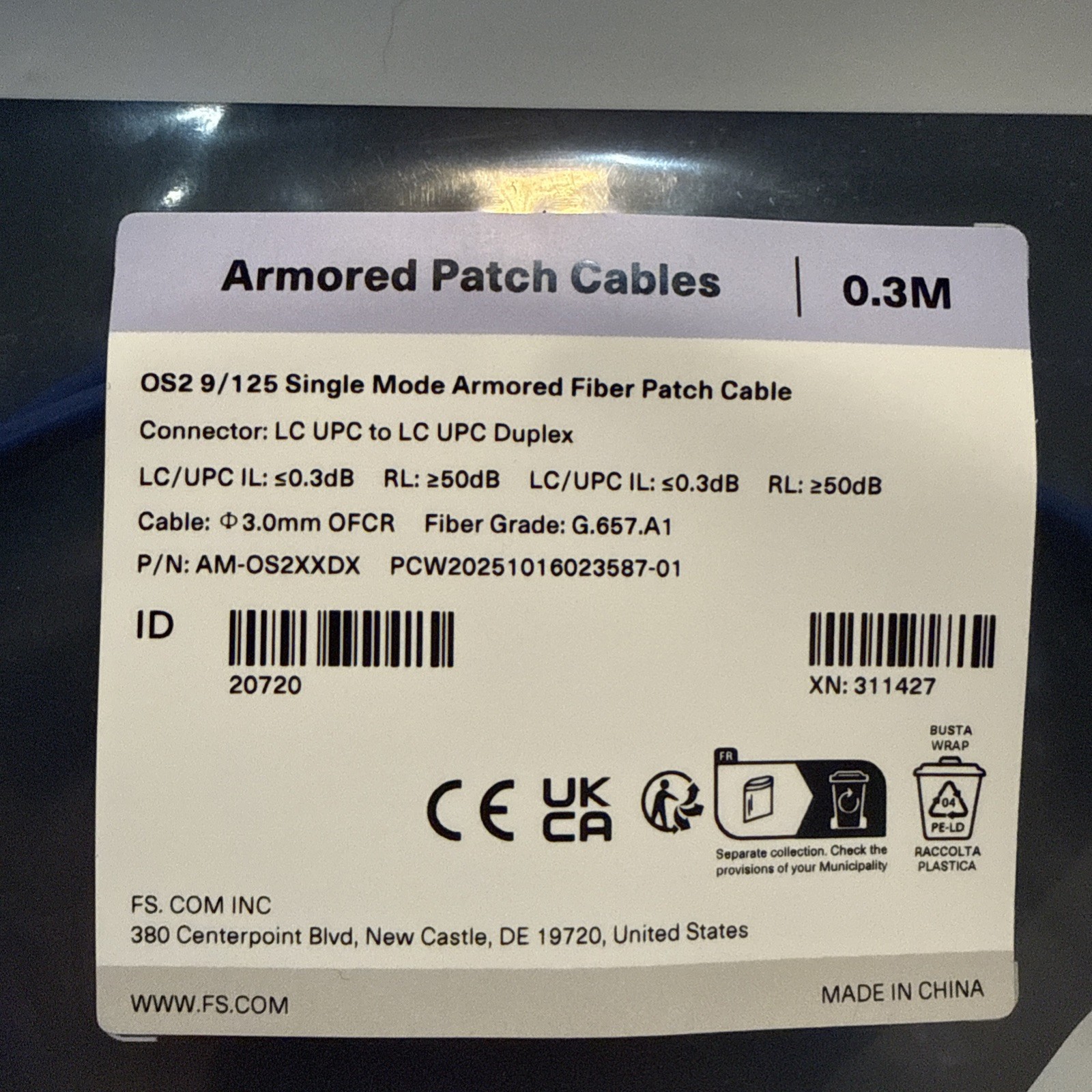 FS ~ 0.3m Armored Fiber Patch Cable LC UPC to LC UPC Duplex OS2 Single-Mode