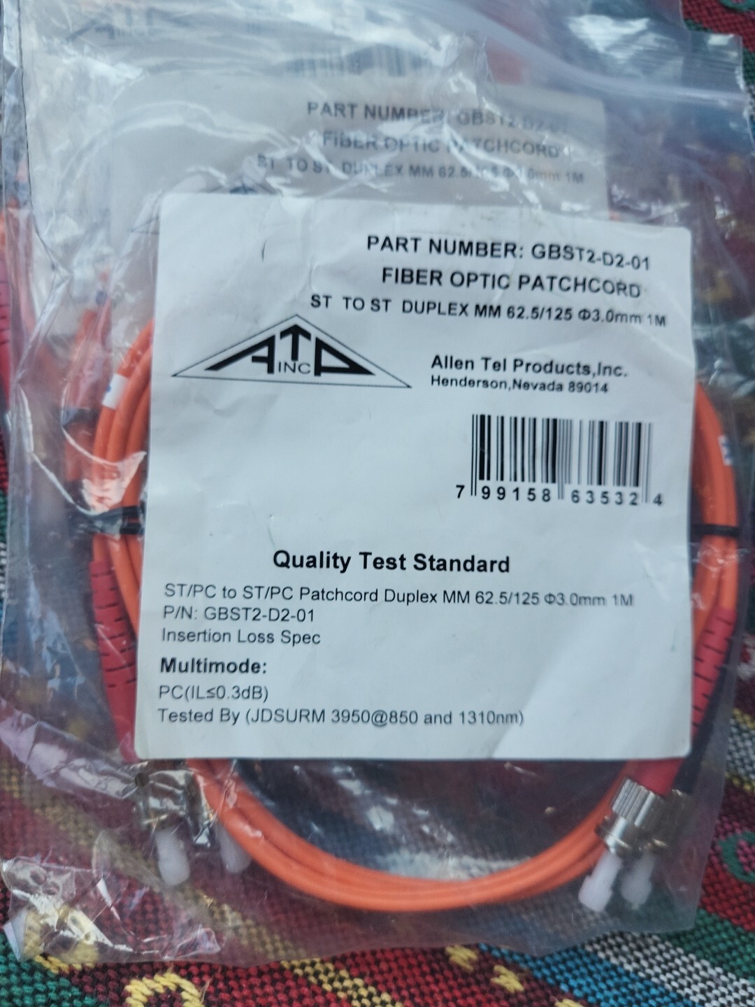 Allen Tel GBST2-D2-01 Duplex ST to ST Fiber Optic Patch Cord, Multimode 1m, 4pc