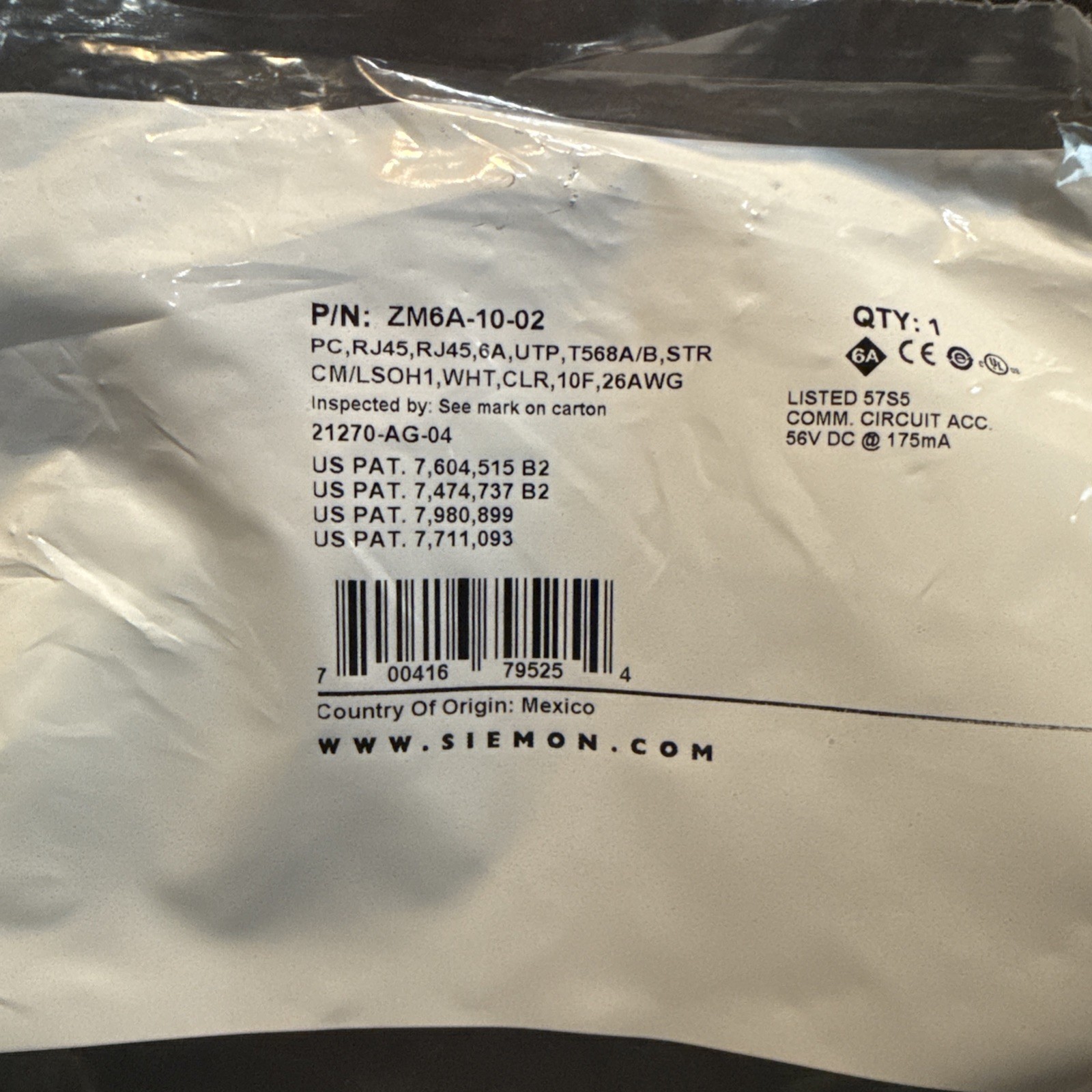 Siemon Z-MAX Category 6A Ethernet Patch Cord RJ45 10ft White UTP P/N: ZM6A-10-02