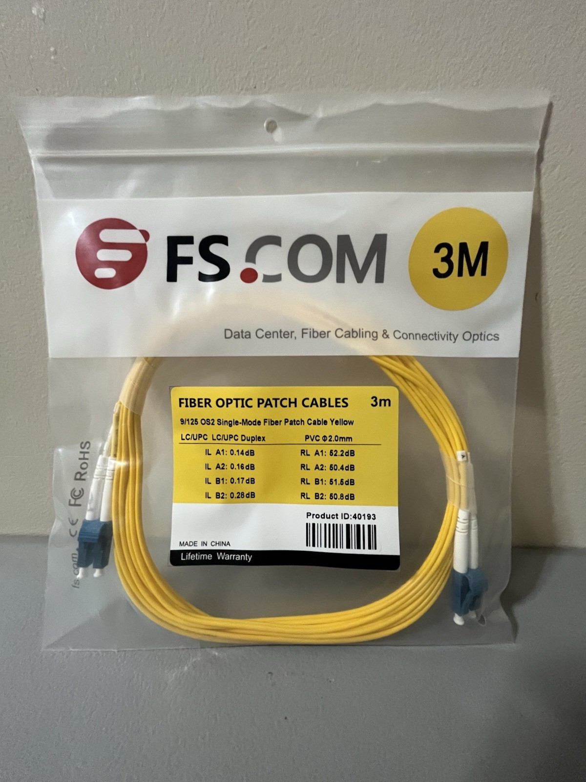 FS 40193 New 3M 9/125 OS2 Single-Mode Fiber Patch Cable Yellow