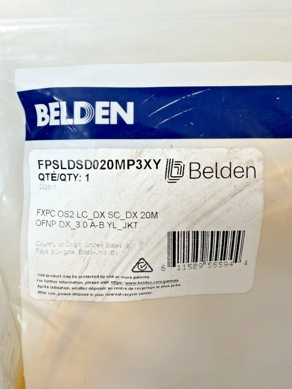 (QTY 8) Belden FPSLDSD020MP3XY Fiber Patch Cord OS2 LC-SC Duplex 20m 66ft Plenum