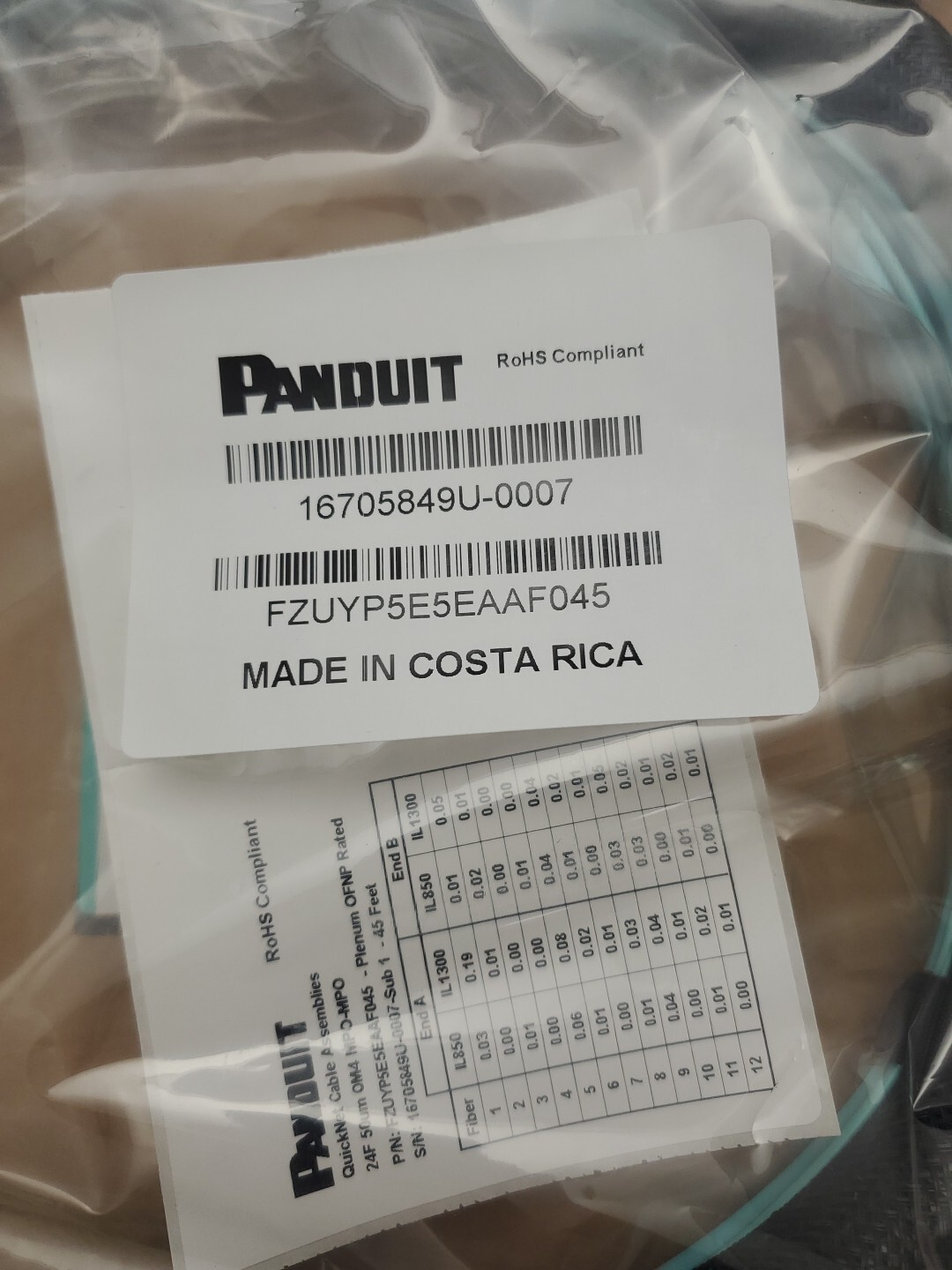 PANDUIT OM4 24 Fiber Sm Diameter Indoor Trunk MPO to MPO 45 Ft FZUYP5E5EAAF045