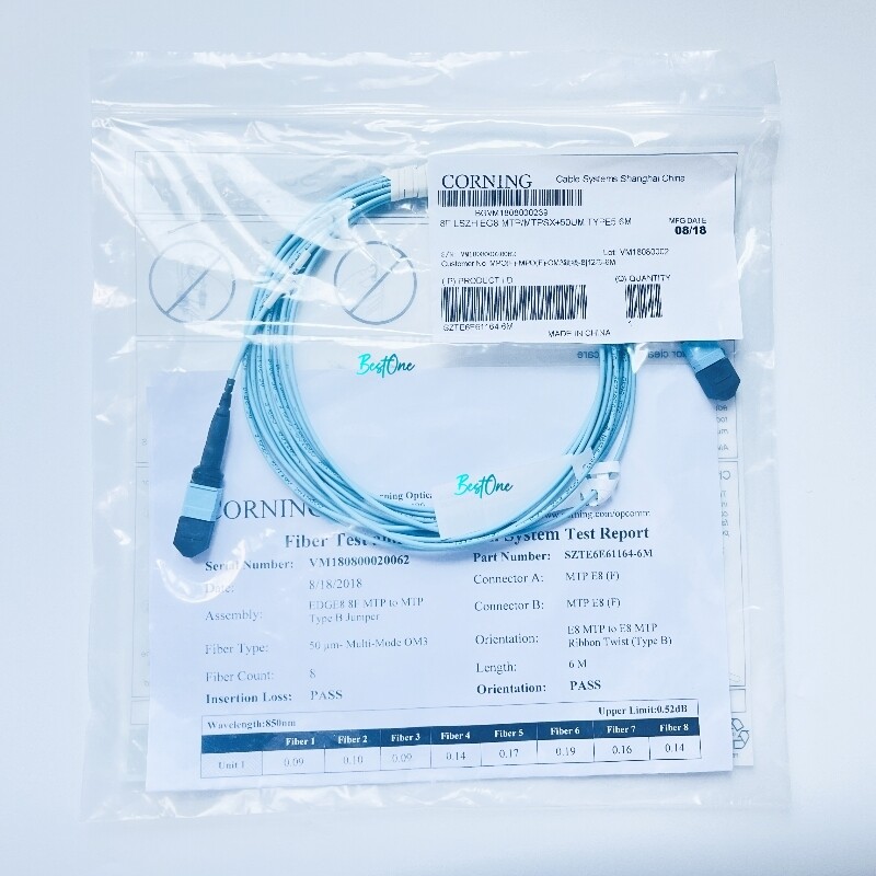 CORNING 6m 9m 21m MPO Female to MPO Female OM3 8F Type B Fiber Optic Patch Cord