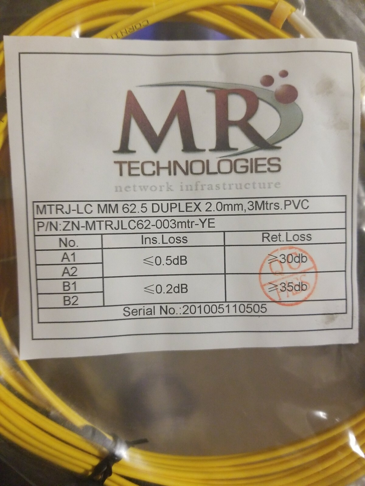Fiber Optic MTRJ-LC MM 62.5 DUPLEX 2.0mm, 3Mtrs.PVC P/N: ZN-MTRJLC62-003mtr-YE