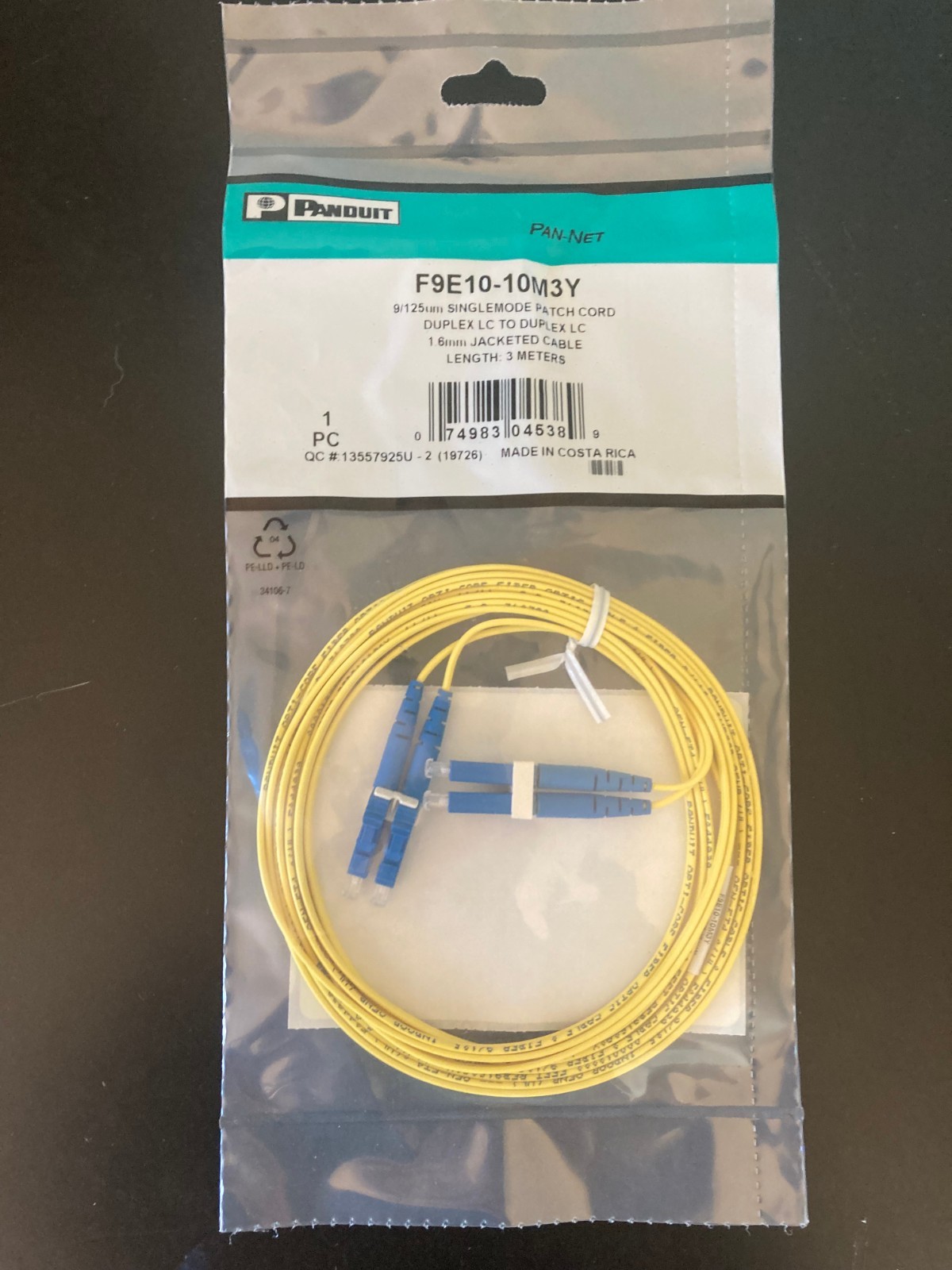 LC TO LC 3 METERS PANDUIT F9E10-10M3Y 9/125UM PLENUM ZIPCORD 3METERS SINGLEMODE