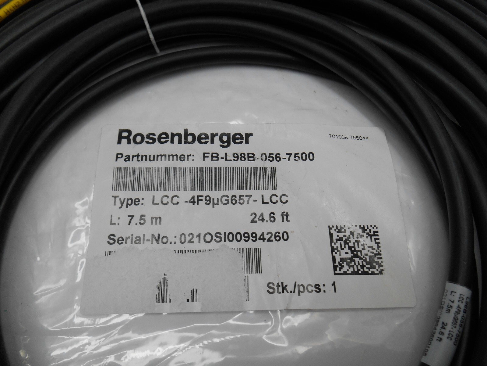 Rosenberger FB-L98B-056-7500, Fiber Jumper Cable 7.5 M 24.6′ FT LLC-2F9μG657-LCC