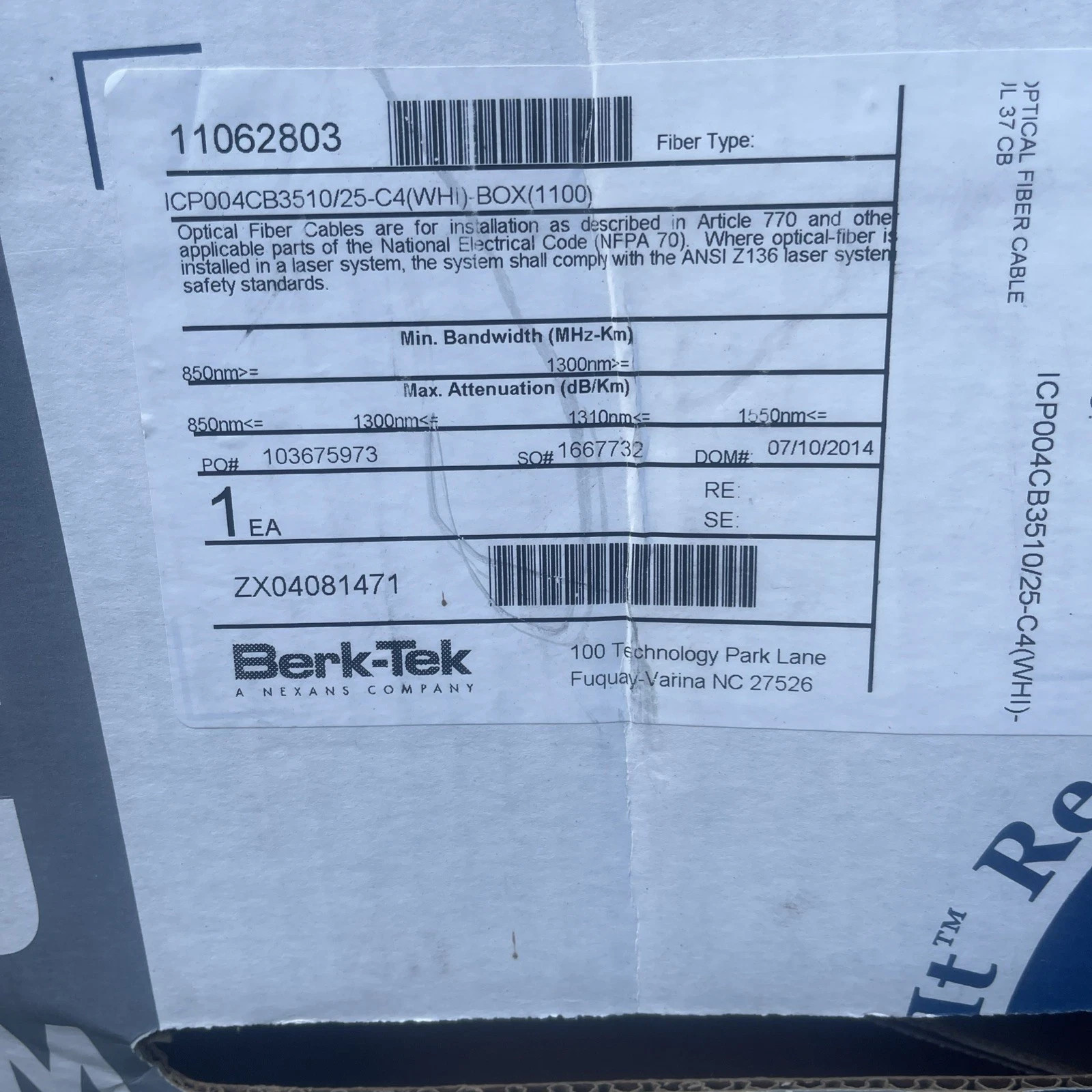 Berk-Tek Tight-Buffer Fiber Optic Cable Plenum White 1ft Reel-In Box UL 1046ft.