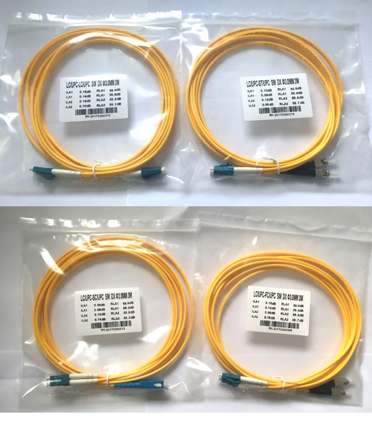 50~100m FC SC ST LC Single-mode Duplex Fiber Patch Cord Yellow 0.3dB Loss FTTX