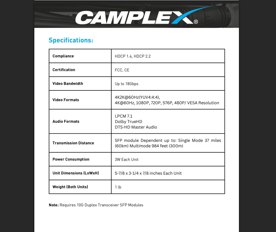 Camplex SFP 4K HDMI 2.0 Fiber Extender w/EDID Transmitter & Receiver CMX-FMCH001