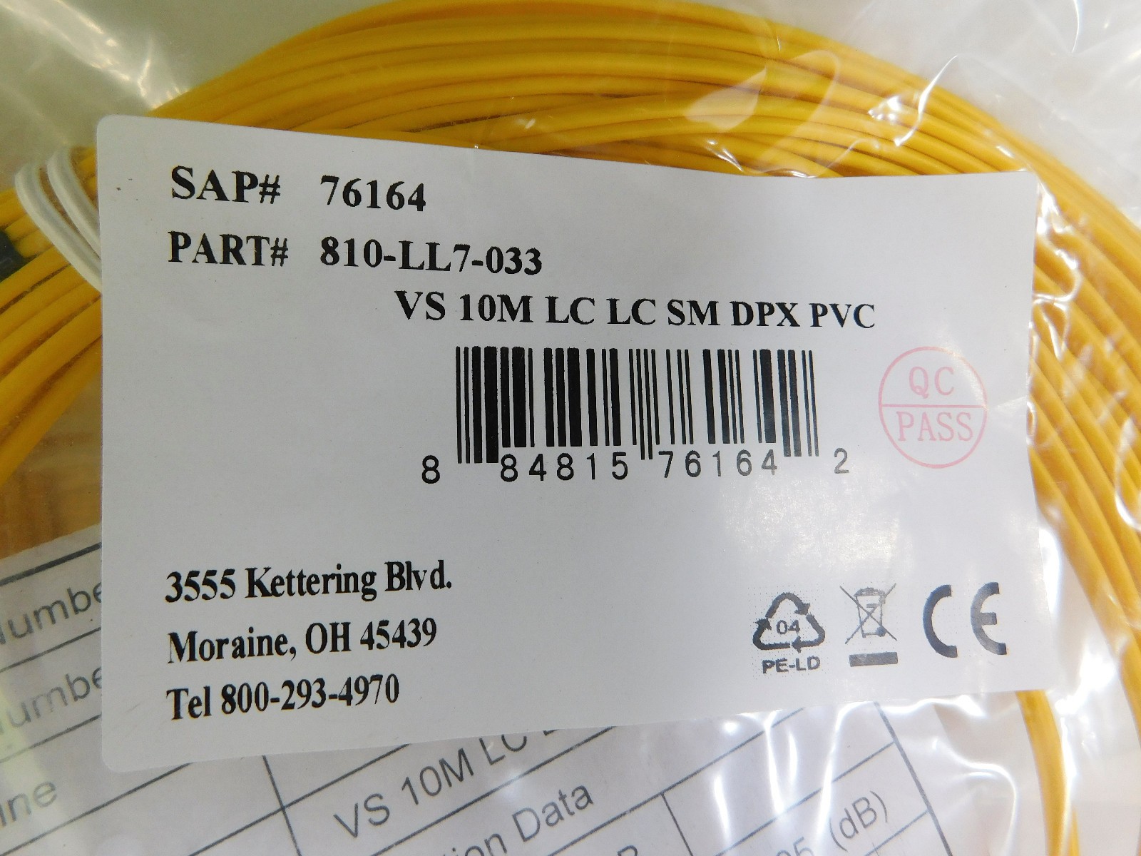 2 each Quiktron 810-LL7-033 VS 10M LC LC SM DPX PVC Yellow Fiber Optic Cables