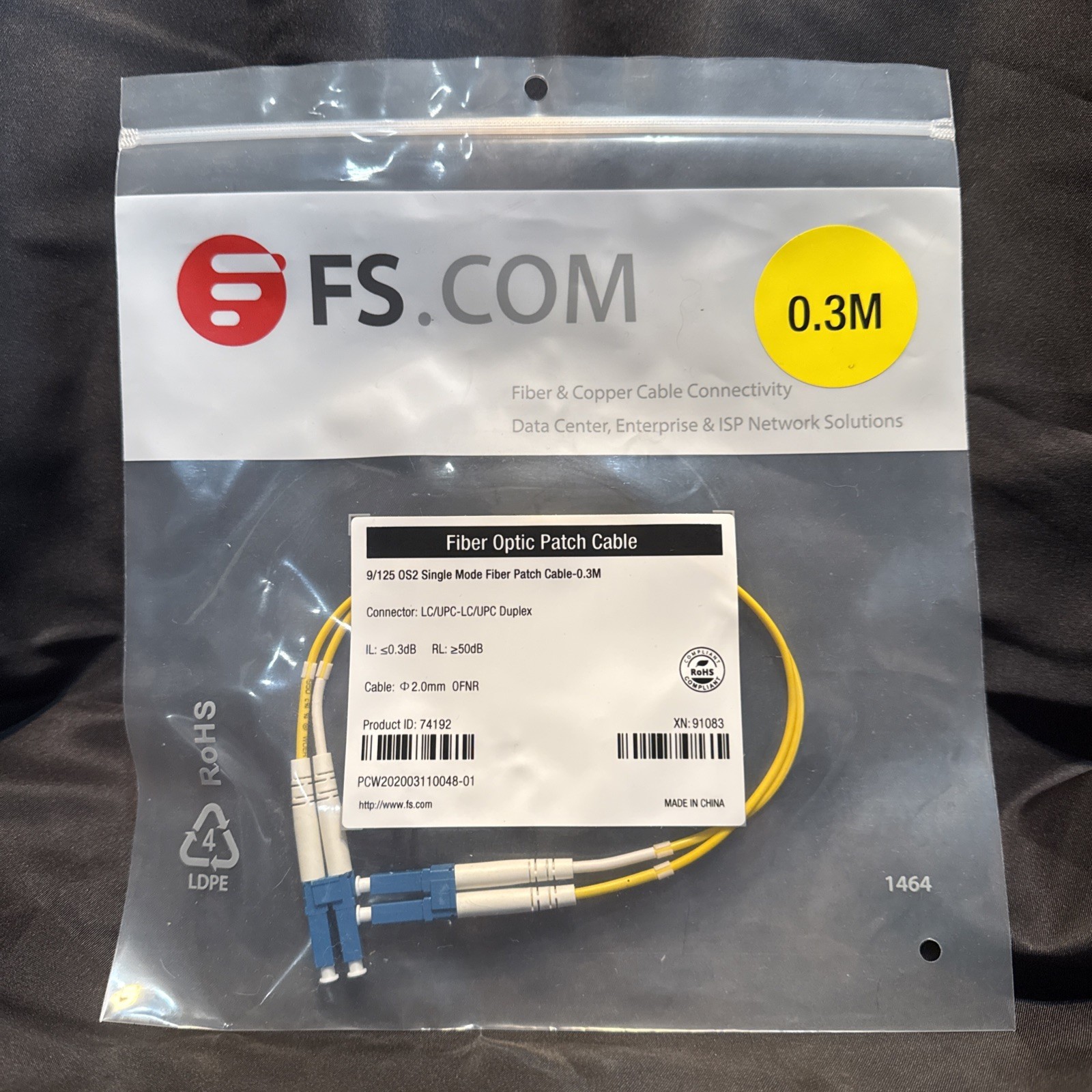 FS ~ 0.3m Fiber Patch Cable LC UPC to LC UPC Duplex, Single Mode (OS2) 2.0mm