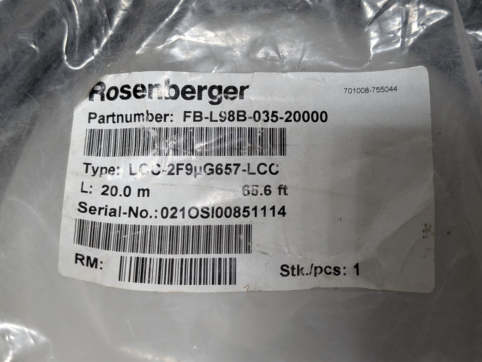 FB-L98B-035-20000 – Rosenberger Ruggedized Single Mode Fiber Jumper 20M