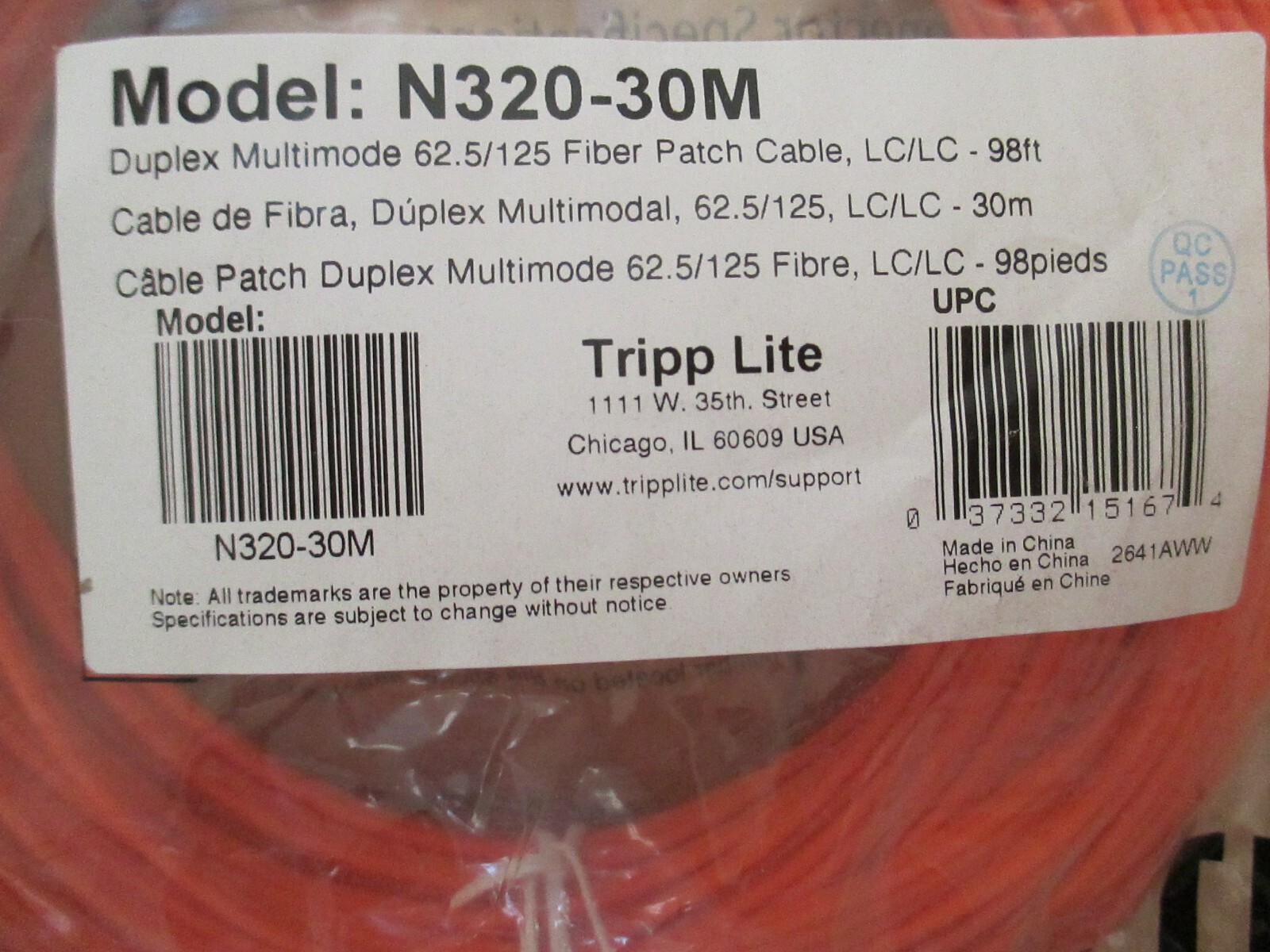 TRIPP-LITE N320-30M FIBER OPTIC PATCH CABLE 30M 98′ LC/LC DUPLEX 62.5/125