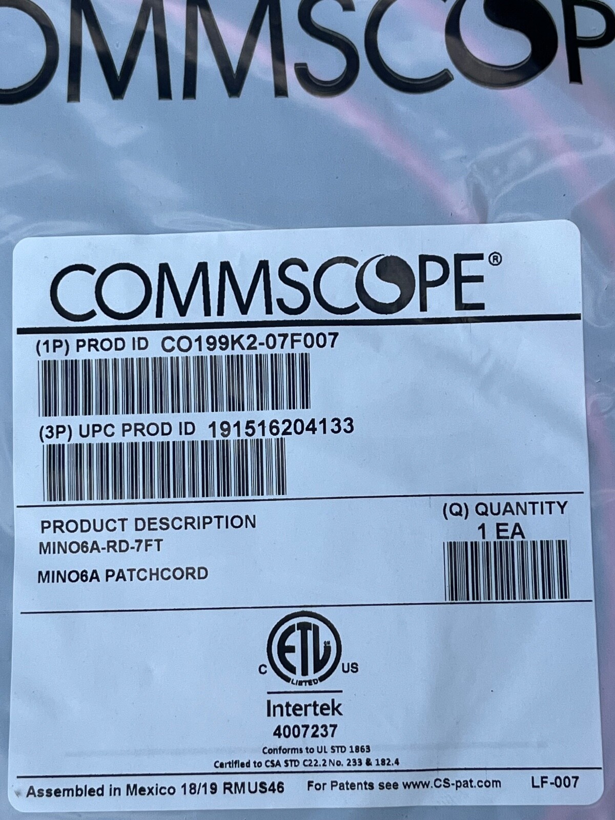 Commscope CO199K2-07F007 MINO6a Red 7ft Patch Cord Cable