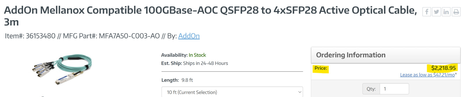 Mellanox Addon 100GBase-AOC QSFP28 4xSFP28 Active Optical Cable MFA7A50-C003 OEM